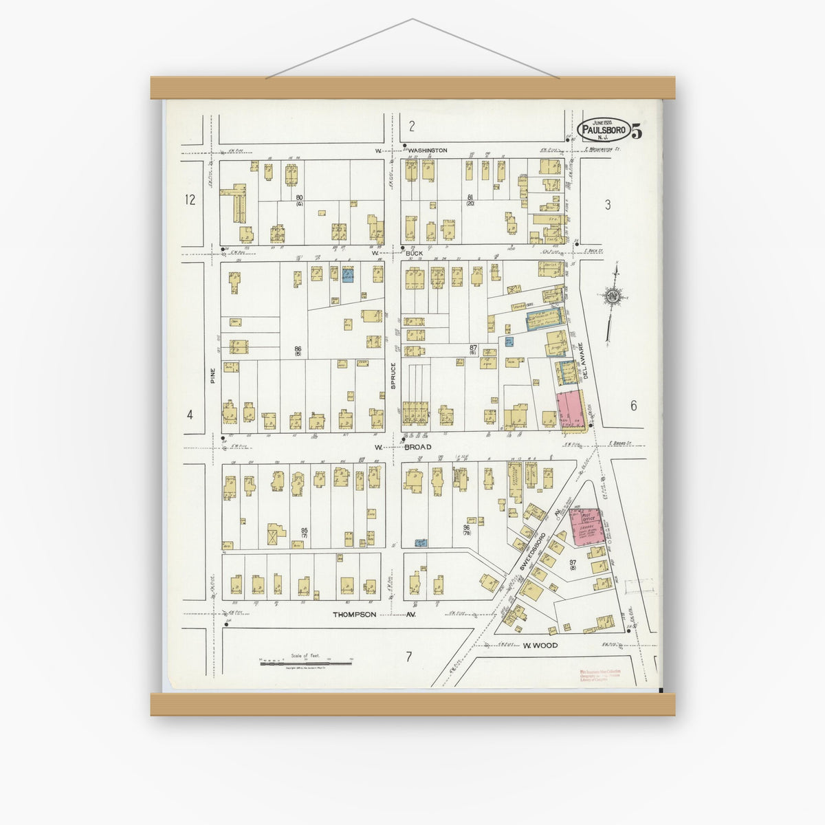 Old map wall art mockup — magnetic wood frame on white wall — Sanborn Fire Insurance Map from Paulsboro, Gloucester County, New Jersey (1920), Sheet #0005