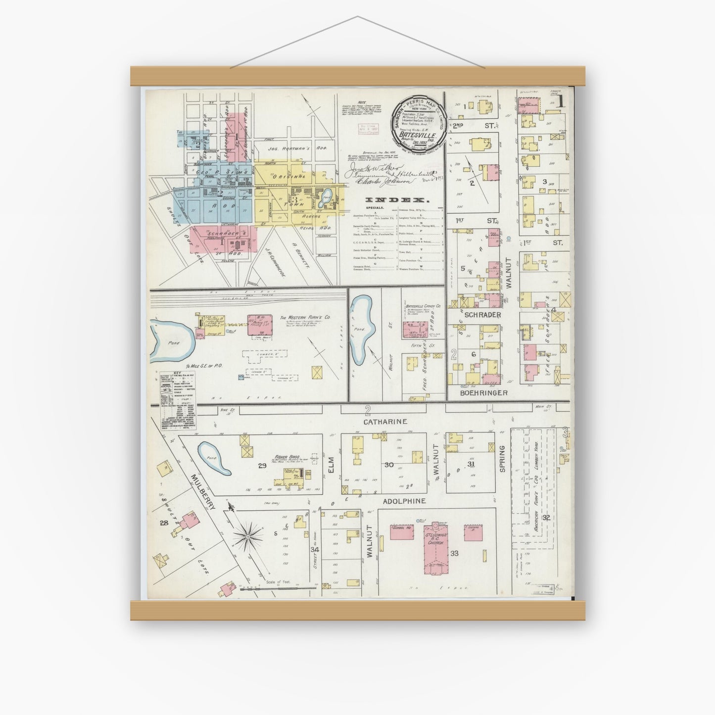 Old map wall art mockup — magnetic wood frame on white wall — Sanborn Fire Insurance Map from Batesville, Ripley County, Indiana (1892), Sheet #0001
