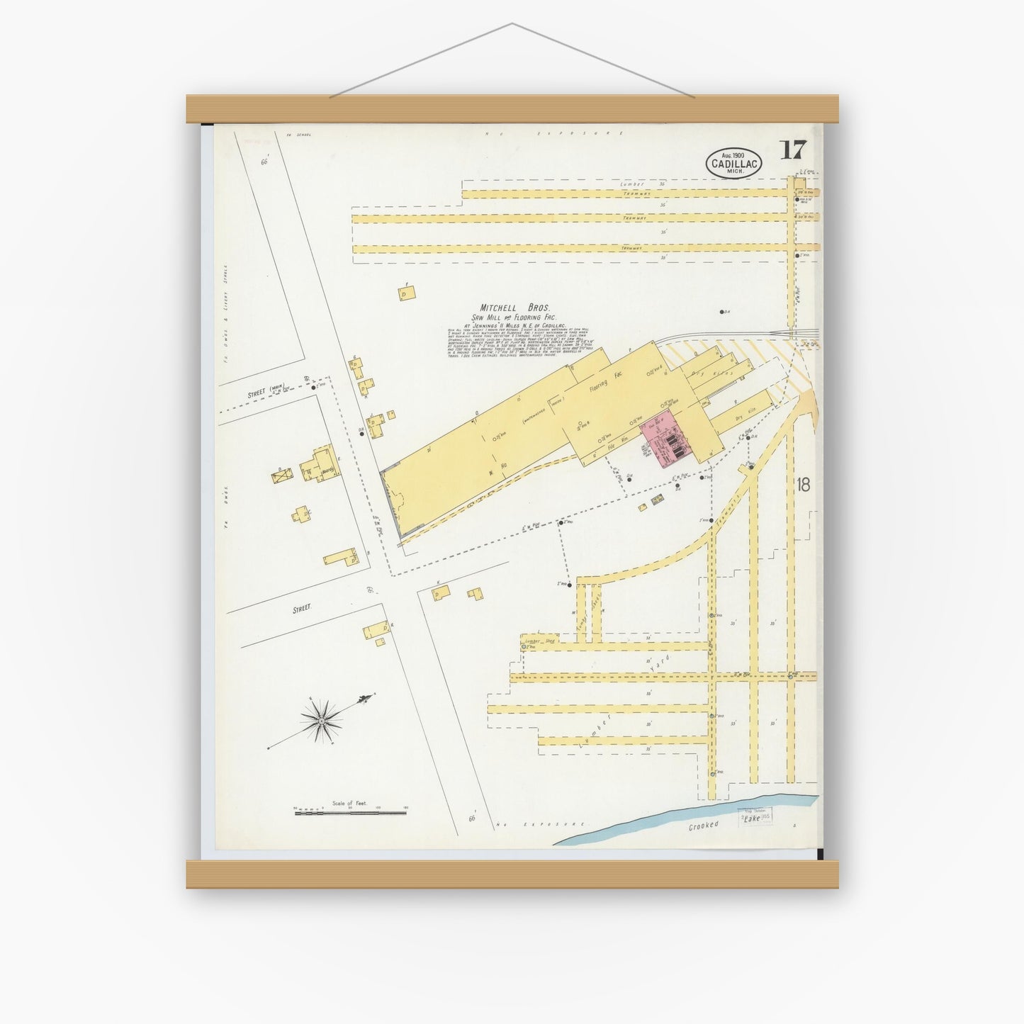 Old map wall art mockup — magnetic wood frame on white wall — Sanborn Fire Insurance Map from Cadillac, Wexford County, Michigan (1900), Sheet #0017