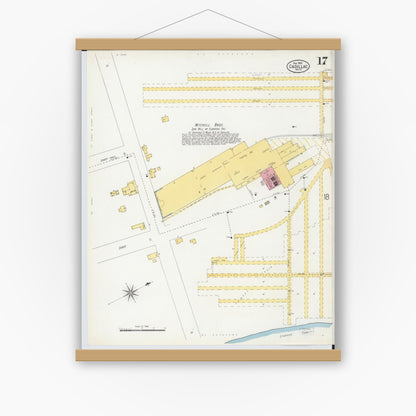 Old map wall art mockup — magnetic wood frame on white wall — Sanborn Fire Insurance Map from Cadillac, Wexford County, Michigan (1900), Sheet #0017