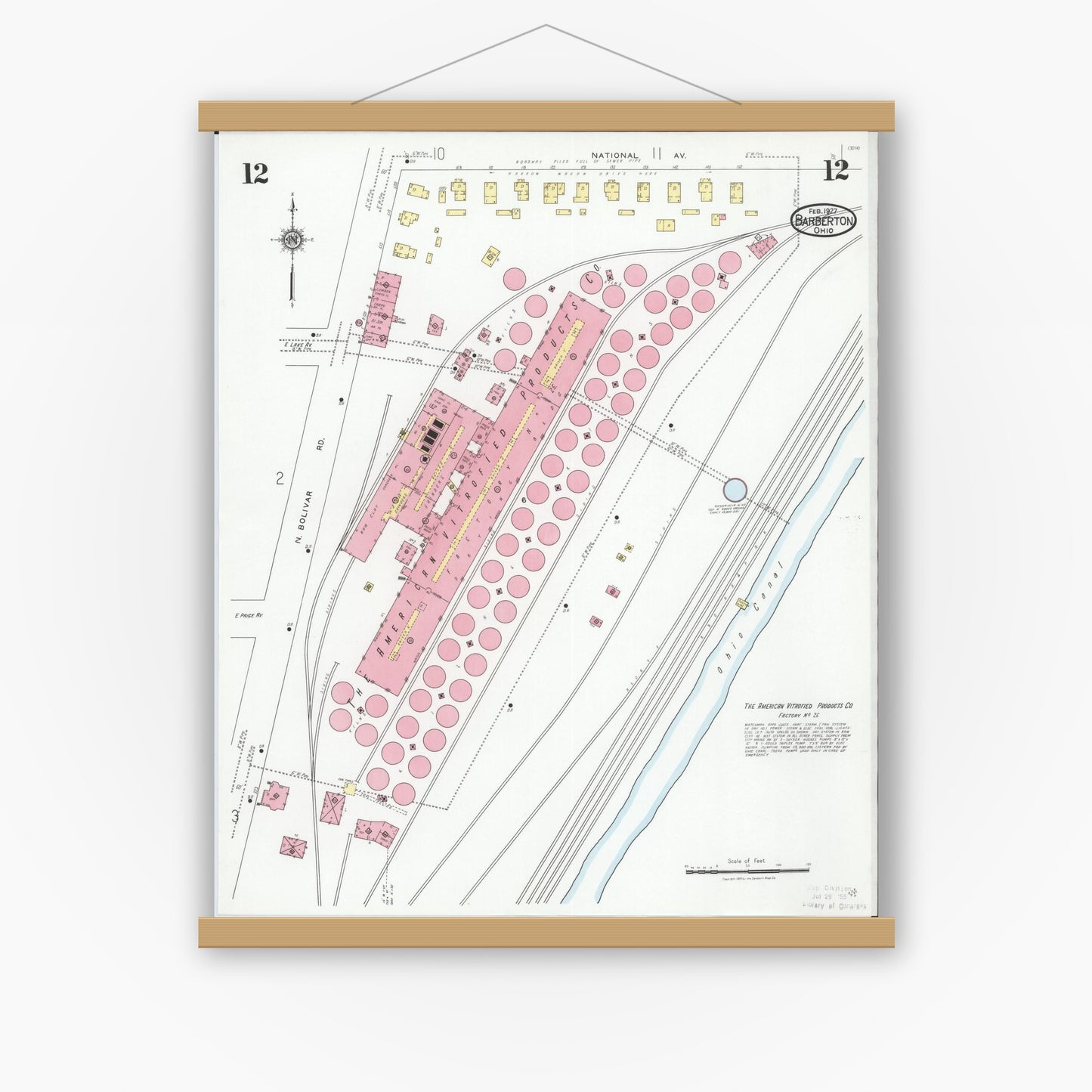 Old map wall art mockup — magnetic wood frame on white wall — Sanborn Fire Insurance Map from Barberton, Summit County, Ohio (1927), Sheet #0012