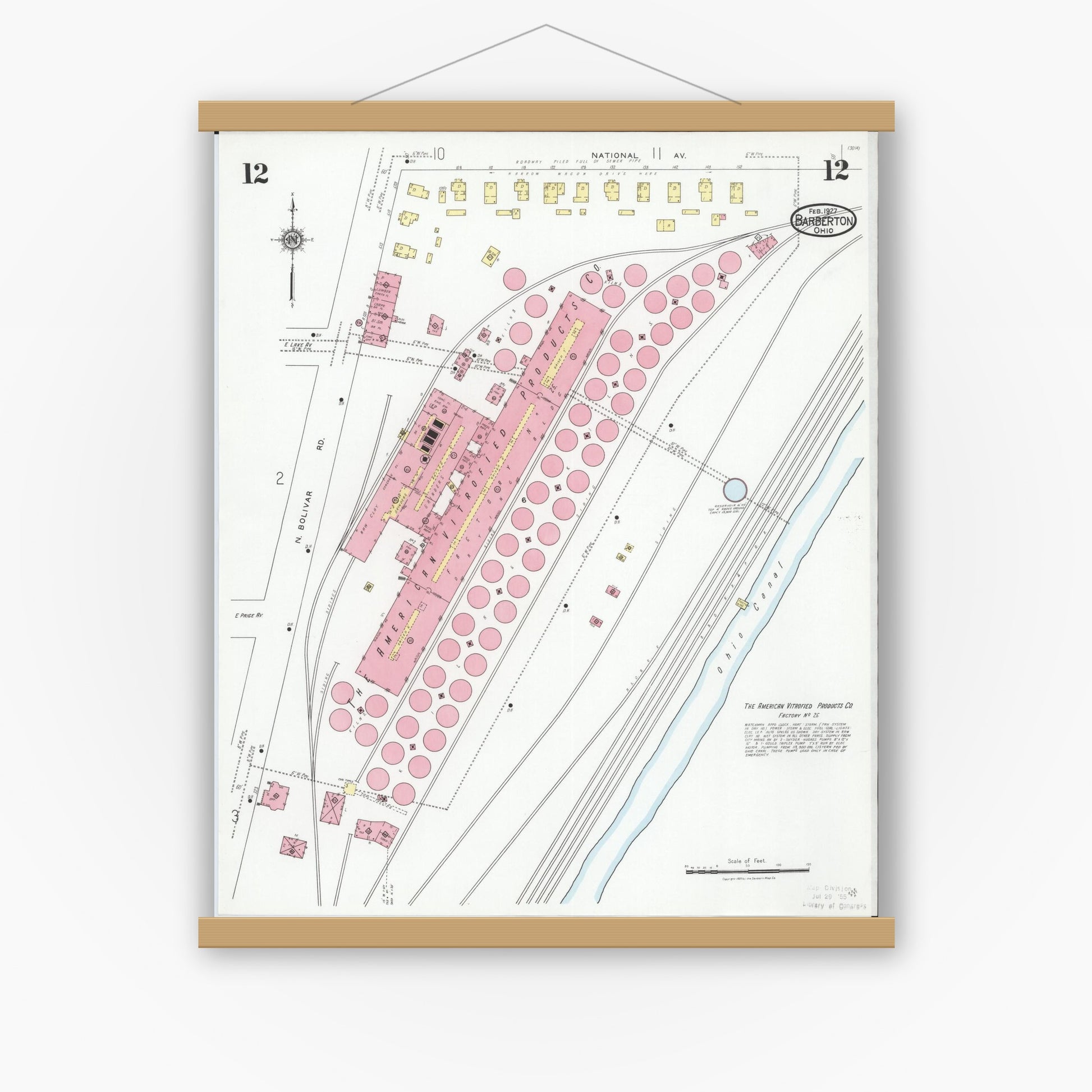 Old map wall art mockup — magnetic wood frame on white wall — Sanborn Fire Insurance Map from Barberton, Summit County, Ohio (1927), Sheet #0012