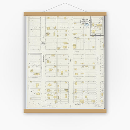 Old map wall art mockup — magnetic wood frame on white wall — Sanborn Fire Insurance Map from Springfield, Brown County, Minnesota (1894), Sheet #0003