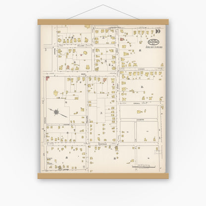 Old map wall art mockup — magnetic wood frame on white wall — Sanborn Fire Insurance Map from Oxford, Granville County, North Carolina (1922), Sheet #0010