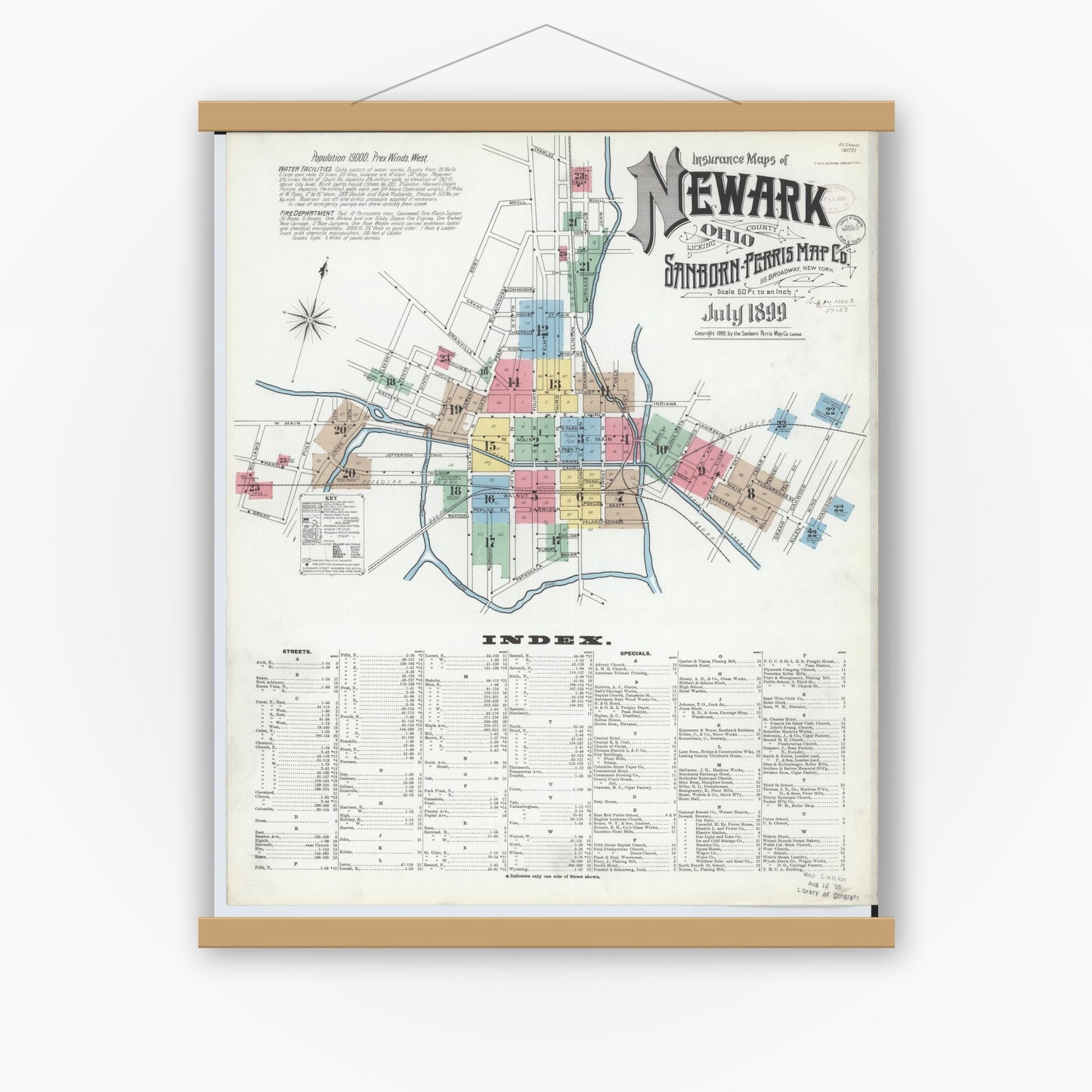 Old map wall art mockup — magnetic wood frame on white wall — Sanborn Fire Insurance Map from Newark, Licking County, Ohio (1899) - Complete Map Set