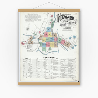 Old map wall art mockup — magnetic wood frame on white wall — Sanborn Fire Insurance Map from Newark, Licking County, Ohio (1899) - Complete Map Set