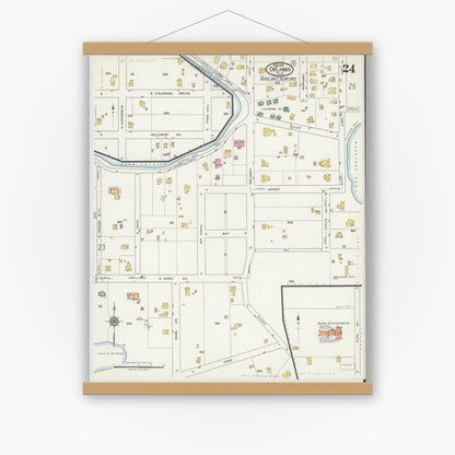 Old map wall art mockup — magnetic wood frame on white wall — Sanborn Fire Insurance Map from Orlando, Orange County, Florida (1919), Sheet #0024