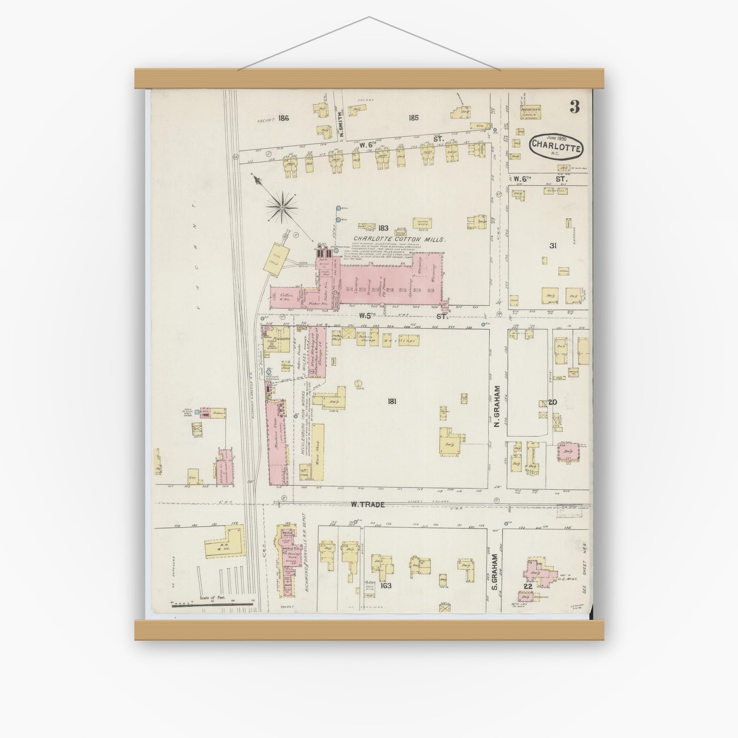 Old map wall art mockup — magnetic wood frame on white wall — Sanborn Fire Insurance Map from Charlotte, Mecklenburg County, North Carolina (1890), Sheet #0003