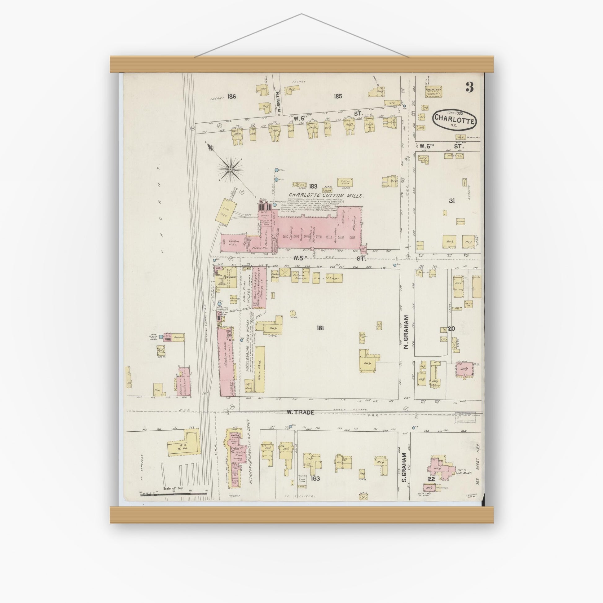 Old map wall art mockup — magnetic wood frame on white wall — Sanborn Fire Insurance Map from Charlotte, Mecklenburg County, North Carolina (1890), Sheet #0003