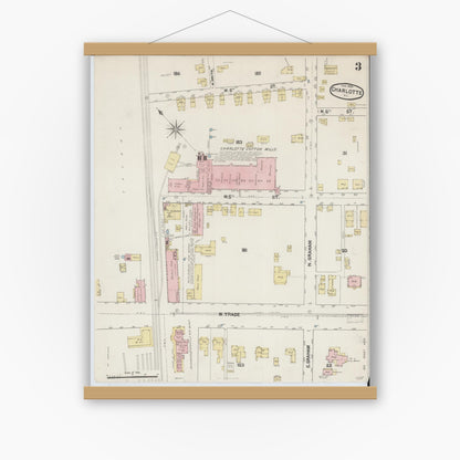 Old map wall art mockup — magnetic wood frame on white wall — Sanborn Fire Insurance Map from Charlotte, Mecklenburg County, North Carolina (1890), Sheet #0003