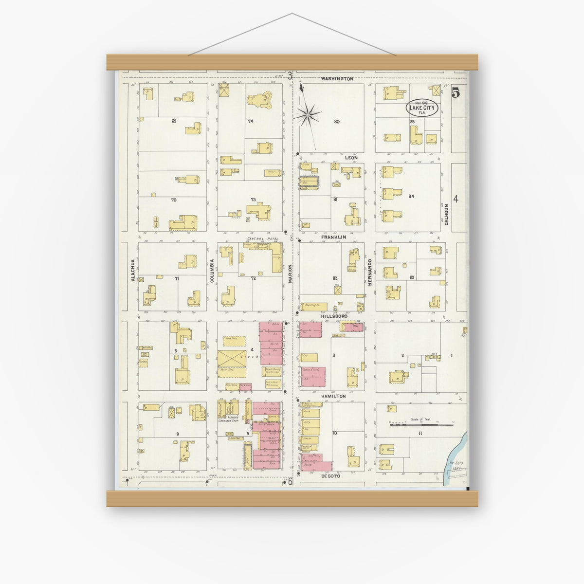 Old map wall art mockup — magnetic wood frame on white wall — Sanborn Fire Insurance Map from Lake City, Columbia County, Florida (1902), Sheet #0005