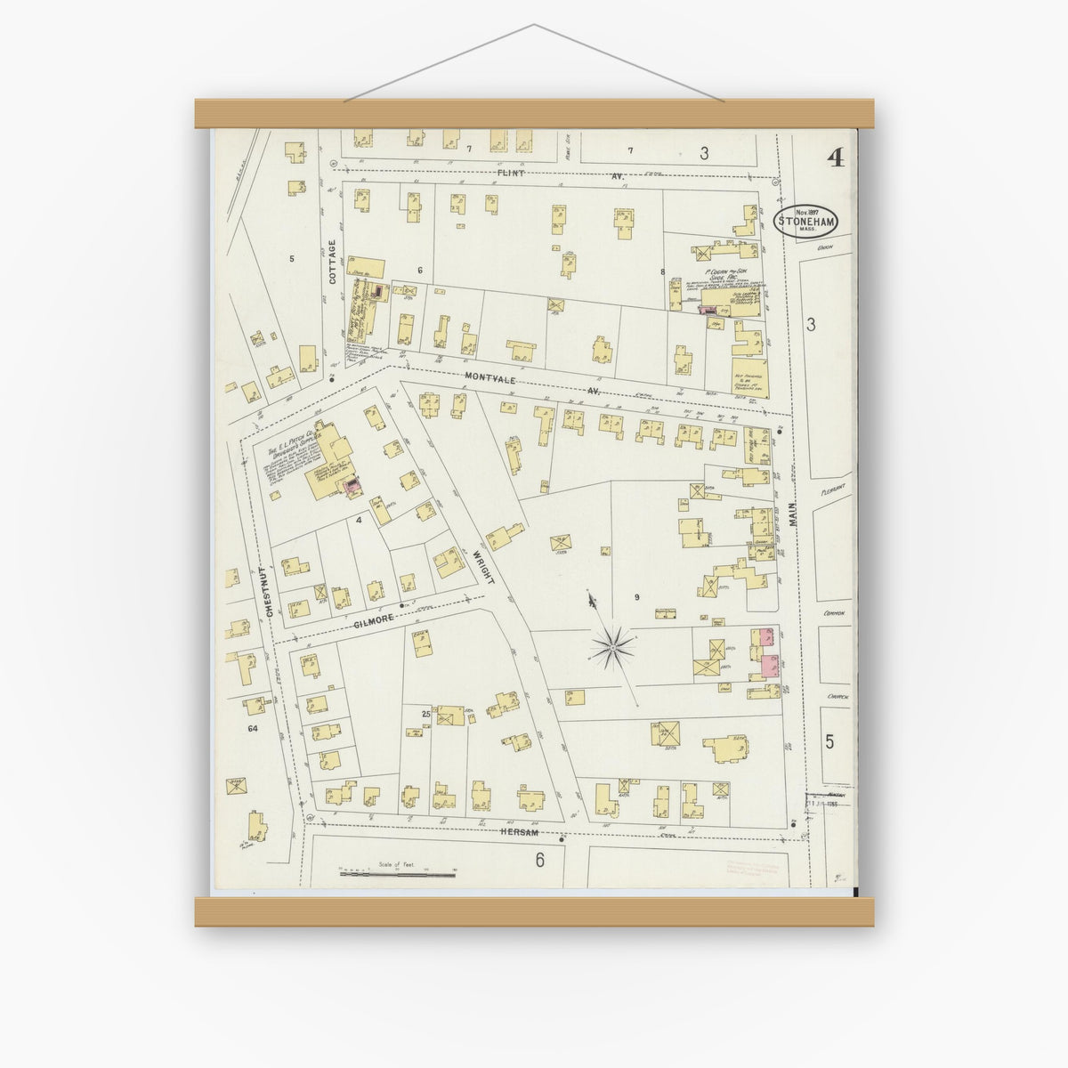 Old map wall art mockup — magnetic wood frame on white wall — Sanborn Fire Insurance Map from Stoneham, Middlesex County, Massachusetts (1897), Sheet #0004