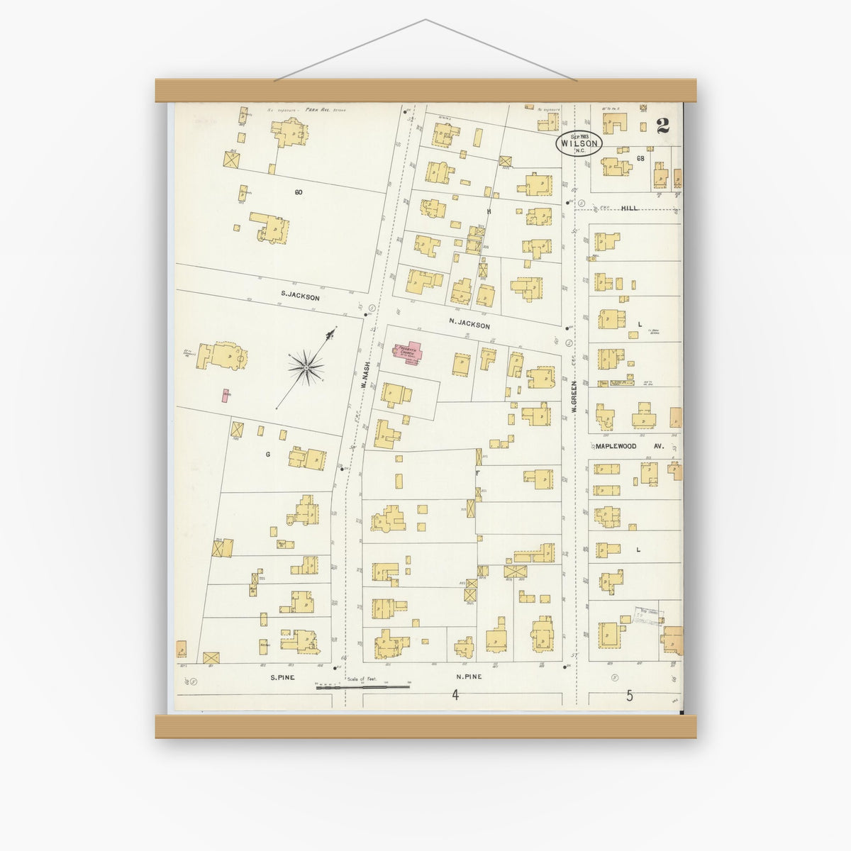 Old map wall art mockup — magnetic wood frame on white wall — Sanborn Fire Insurance Map from Wilson, Wilson County, North Carolina (1903), Sheet #0002