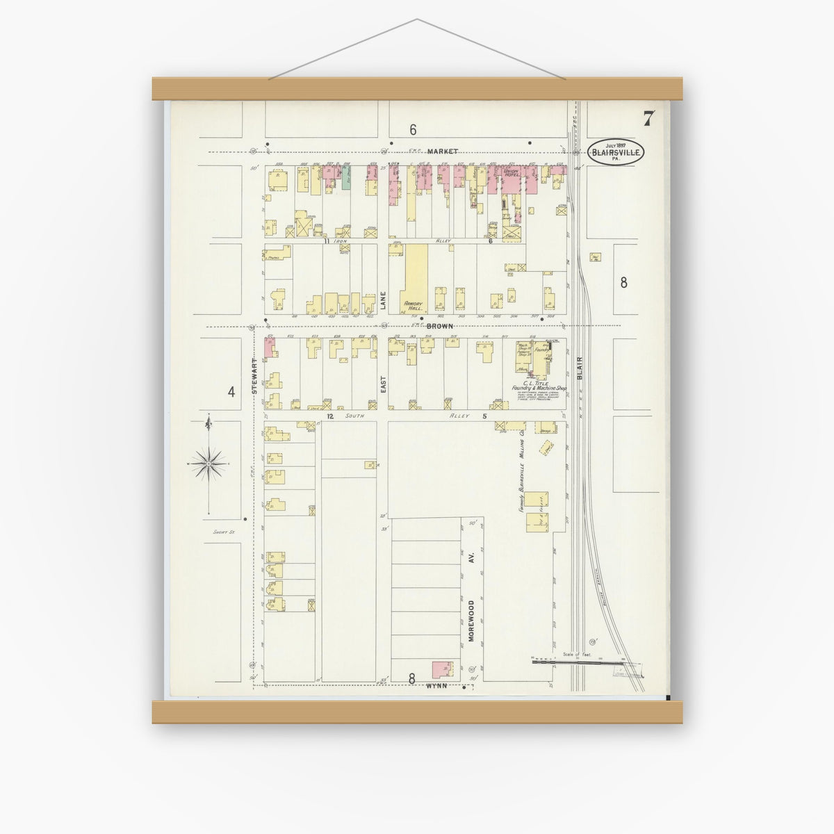 Old map wall art mockup — magnetic wood frame on white wall — Sanborn Fire Insurance Map from Blairsville, Indiana County, Pennsylvania (1897), Sheet #0007
