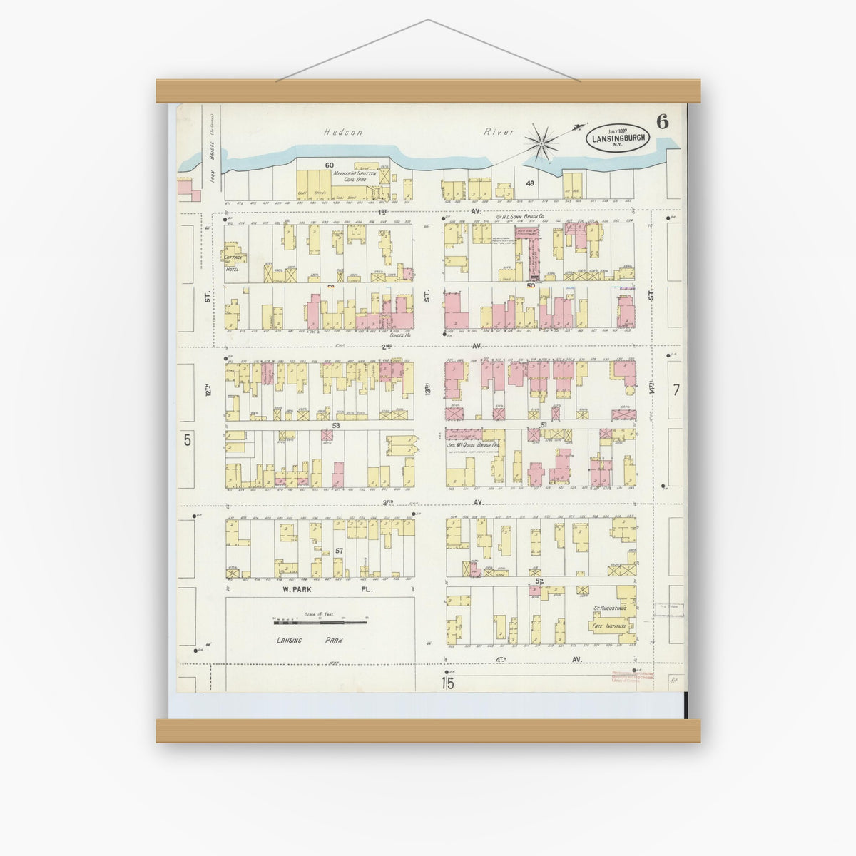 Old map wall art mockup — magnetic wood frame on white wall — Sanborn Fire Insurance Map from Lansingburg, Rensselaer County, New York (1897), Sheet #0006