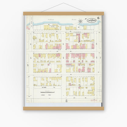 Old map wall art mockup — magnetic wood frame on white wall — Sanborn Fire Insurance Map from Lansingburg, Rensselaer County, New York (1897), Sheet #0006