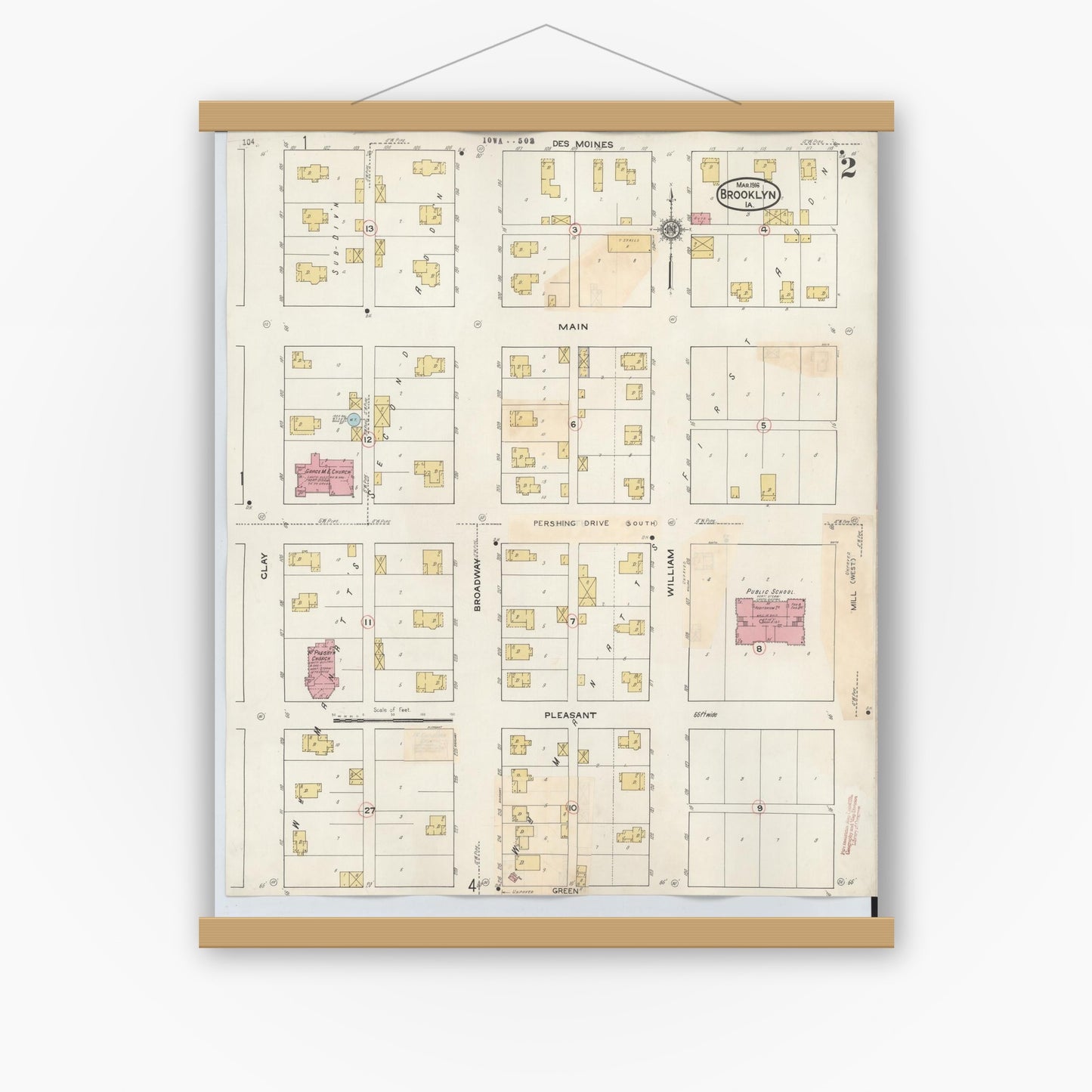 Old map wall art mockup — magnetic wood frame on white wall — Sanborn Fire Insurance Map from Brooklyn, Poweshiek County, Iowa (1932), Sheet #0002
