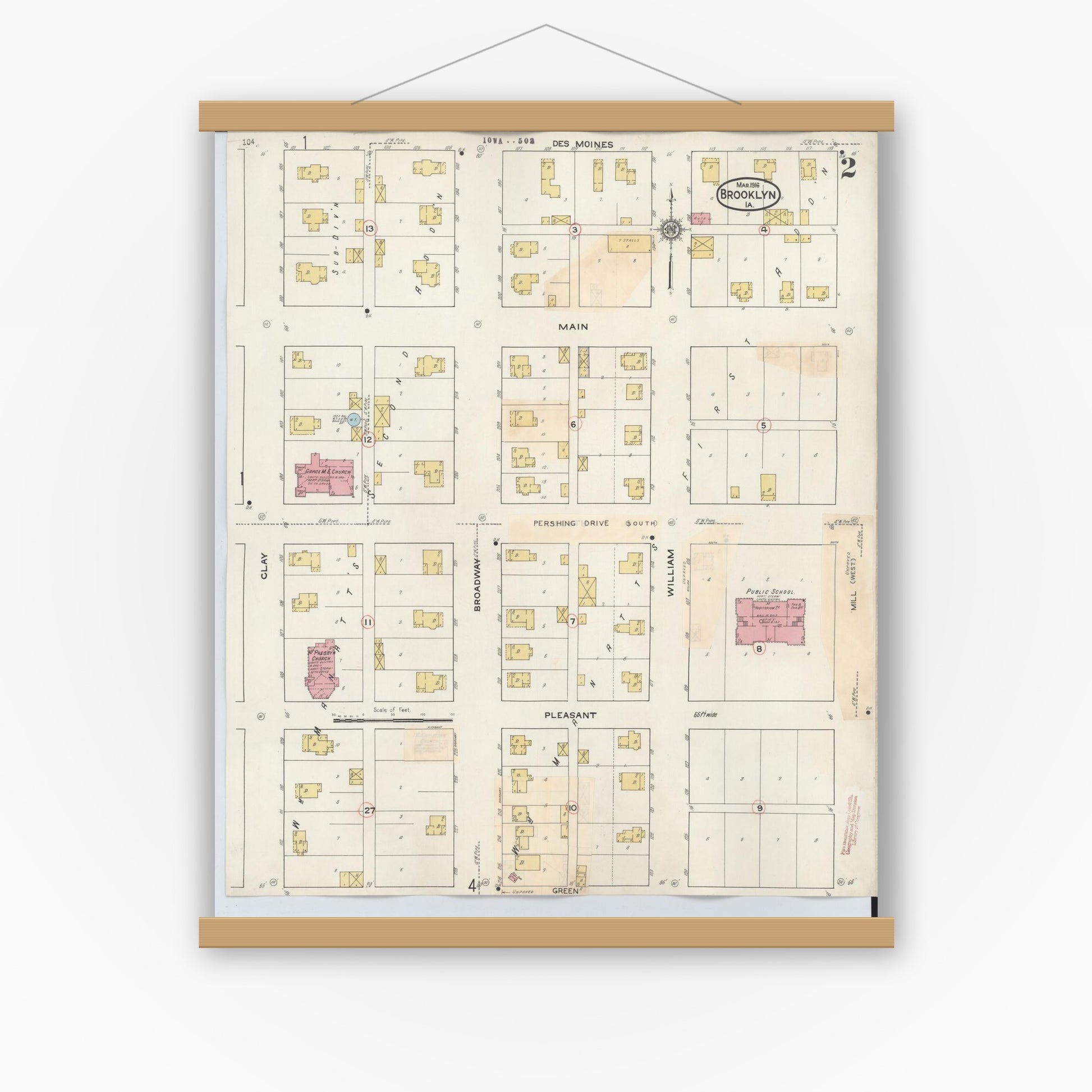 Old map wall art mockup — magnetic wood frame on white wall — Sanborn Fire Insurance Map from Brooklyn, Poweshiek County, Iowa (1932), Sheet #0002
