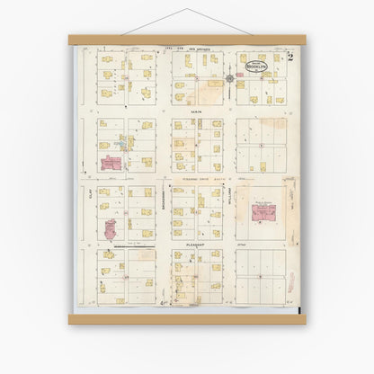Old map wall art mockup — magnetic wood frame on white wall — Sanborn Fire Insurance Map from Brooklyn, Poweshiek County, Iowa (1932), Sheet #0002