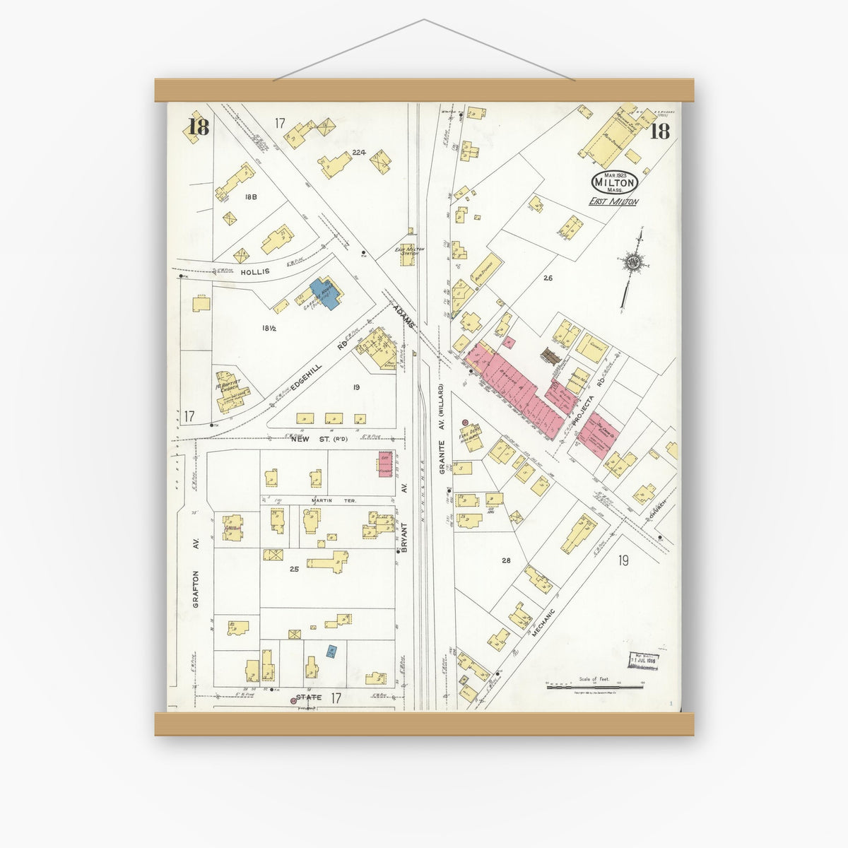 Old map wall art mockup — magnetic wood frame on white wall — Sanborn Fire Insurance Map from Milton, Norfolk County, Massachusetts (1923), Sheet #0018