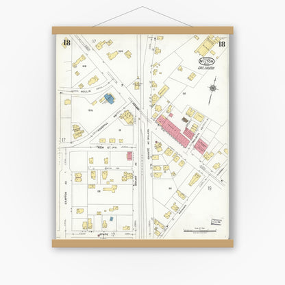 Old map wall art mockup — magnetic wood frame on white wall — Sanborn Fire Insurance Map from Milton, Norfolk County, Massachusetts (1923), Sheet #0018