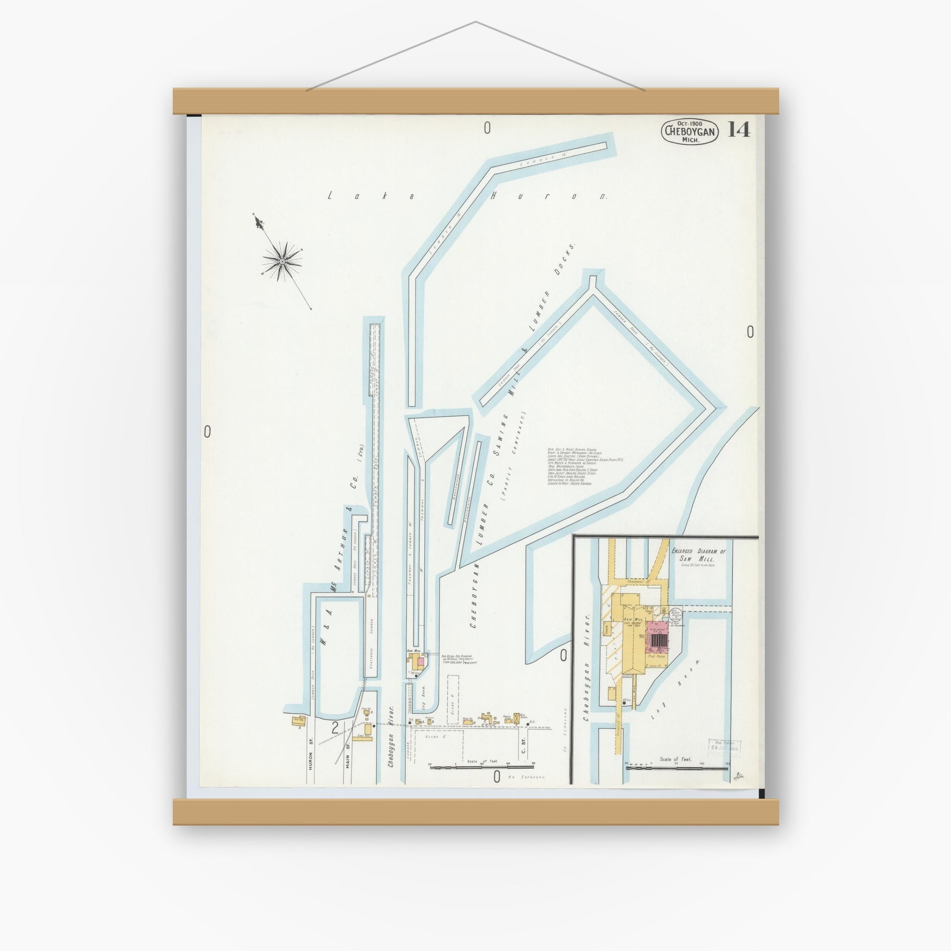 Old map wall art mockup — magnetic wood frame on white wall — Sanborn Fire Insurance Map from Cheboygan, Cheboygan County, Michigan (1900), Sheet #0014