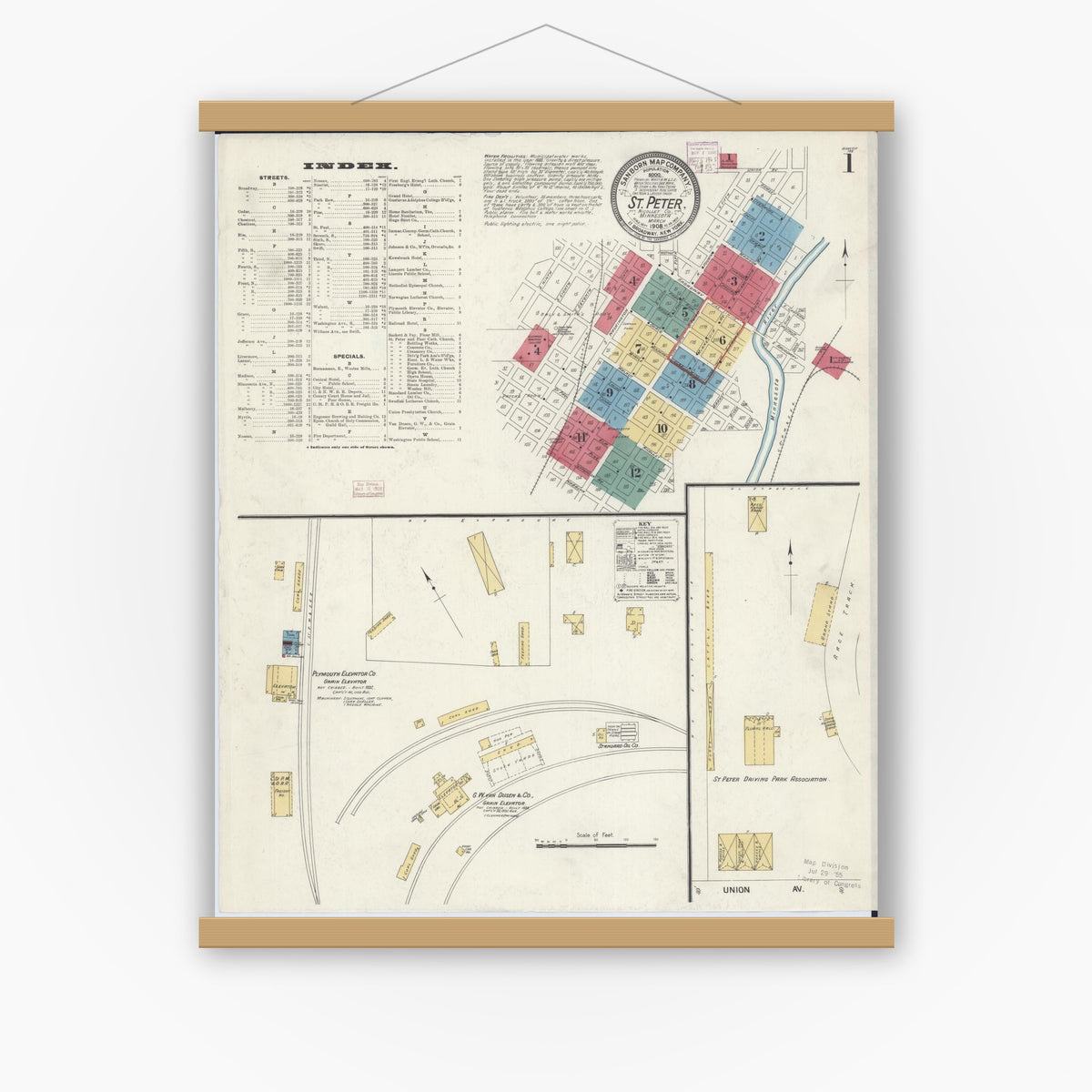 Old map wall art mockup — magnetic wood frame on white wall — Sanborn Fire Insurance Map from Saint Peter, Nicollet County, Minnesota (1908), Sheet #0001