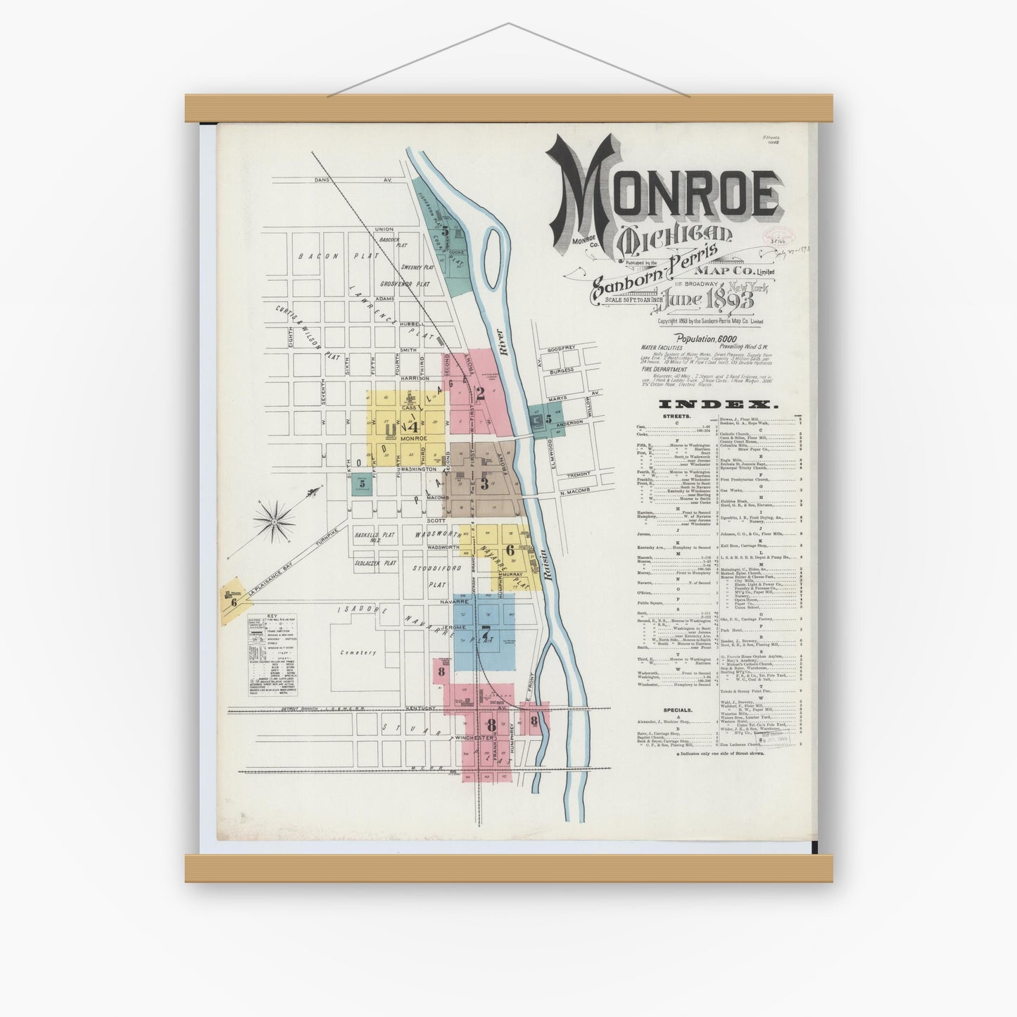 Old map wall art mockup — magnetic wood frame on white wall — Sanborn Fire Insurance Map from Monroe, Monroe County, Michigan (1893) - Complete Map Set