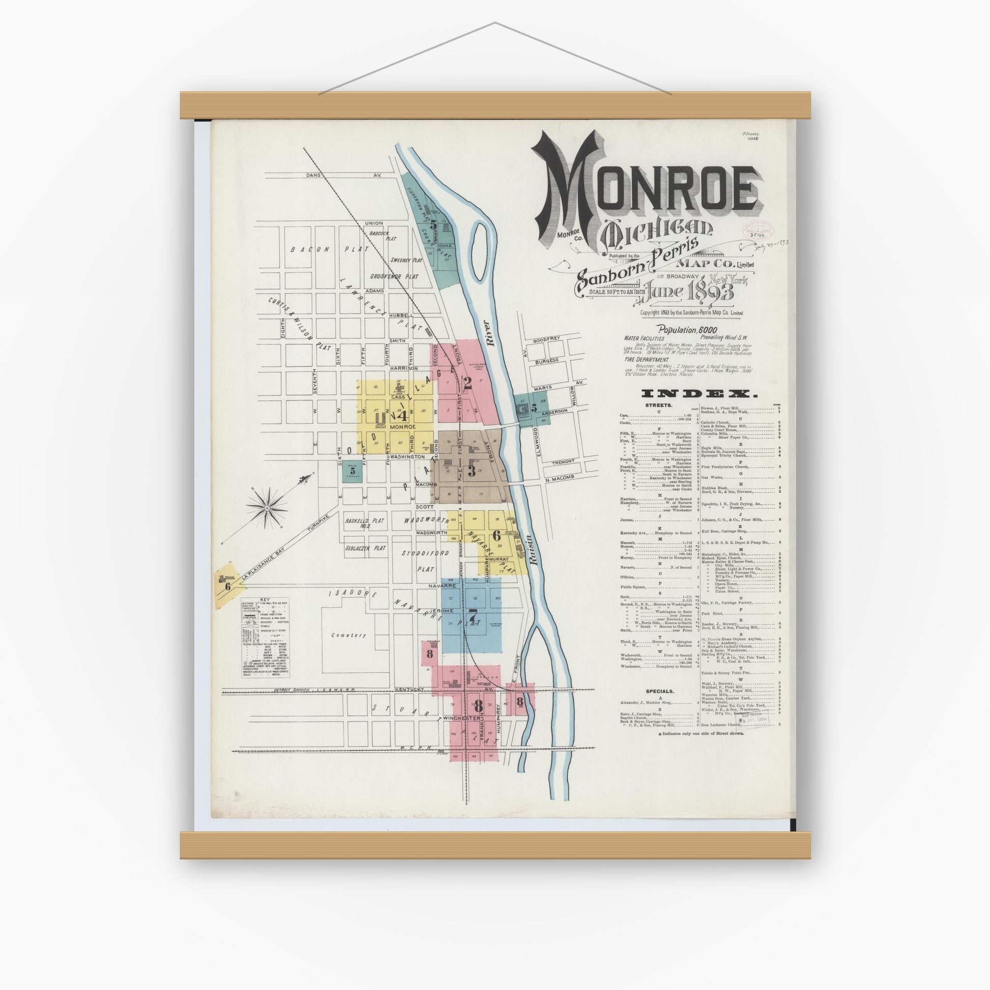 Old map wall art mockup — magnetic wood frame on white wall — Sanborn Fire Insurance Map from Monroe, Monroe County, Michigan (1893) - Complete Map Set
