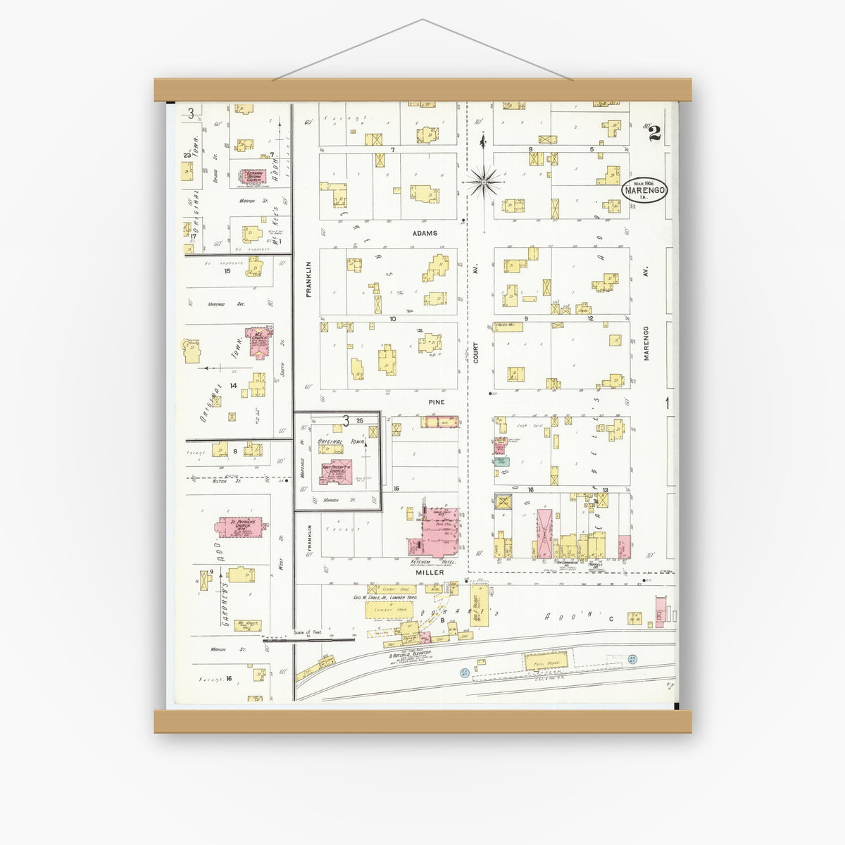 Old map wall art mockup — magnetic wood frame on white wall — Sanborn Fire Insurance Map from Marengo, Iowa County, Iowa (1906), Sheet #0002