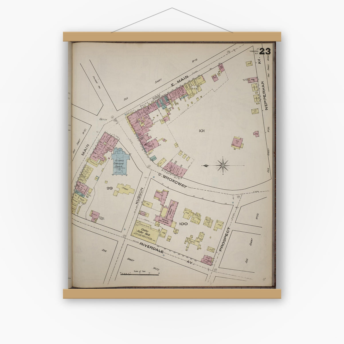 Old map wall art mockup — magnetic wood frame on white wall — Sanborn Fire Insurance Map from Yonkers, Westchester County, New York (1886), Sheet #0023