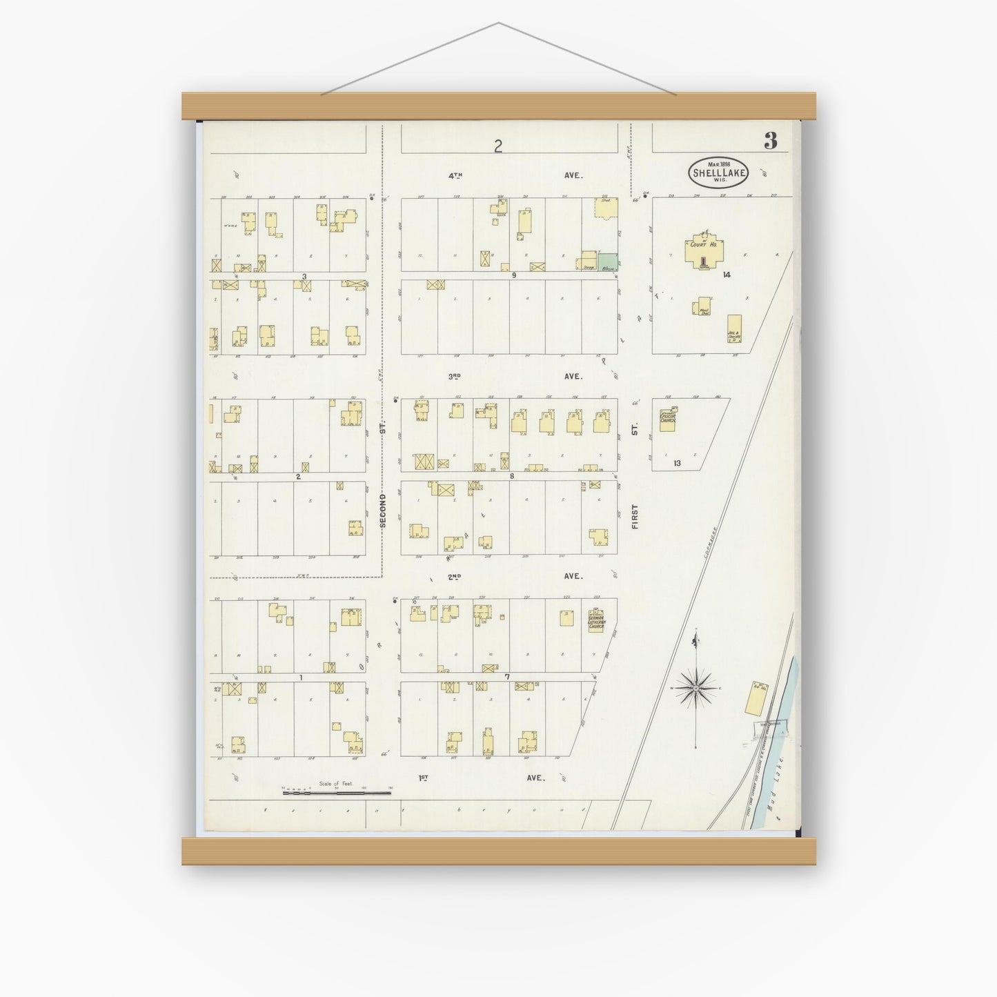 Old map wall art mockup — magnetic wood frame on white wall — Sanborn Fire Insurance Map from Shell Lake, Washburn County, Wisconsin (1898), Sheet #0003