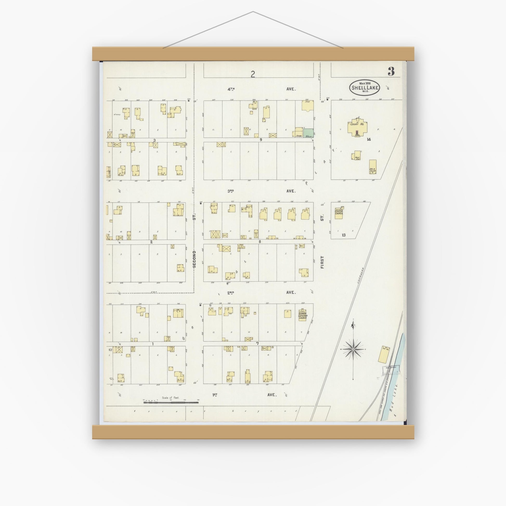 Old map wall art mockup — magnetic wood frame on white wall — Sanborn Fire Insurance Map from Shell Lake, Washburn County, Wisconsin (1898), Sheet #0003