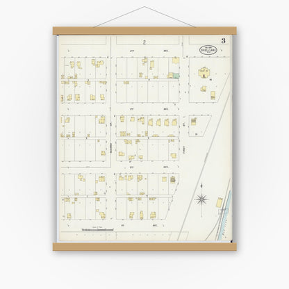 Old map wall art mockup — magnetic wood frame on white wall — Sanborn Fire Insurance Map from Shell Lake, Washburn County, Wisconsin (1898), Sheet #0003