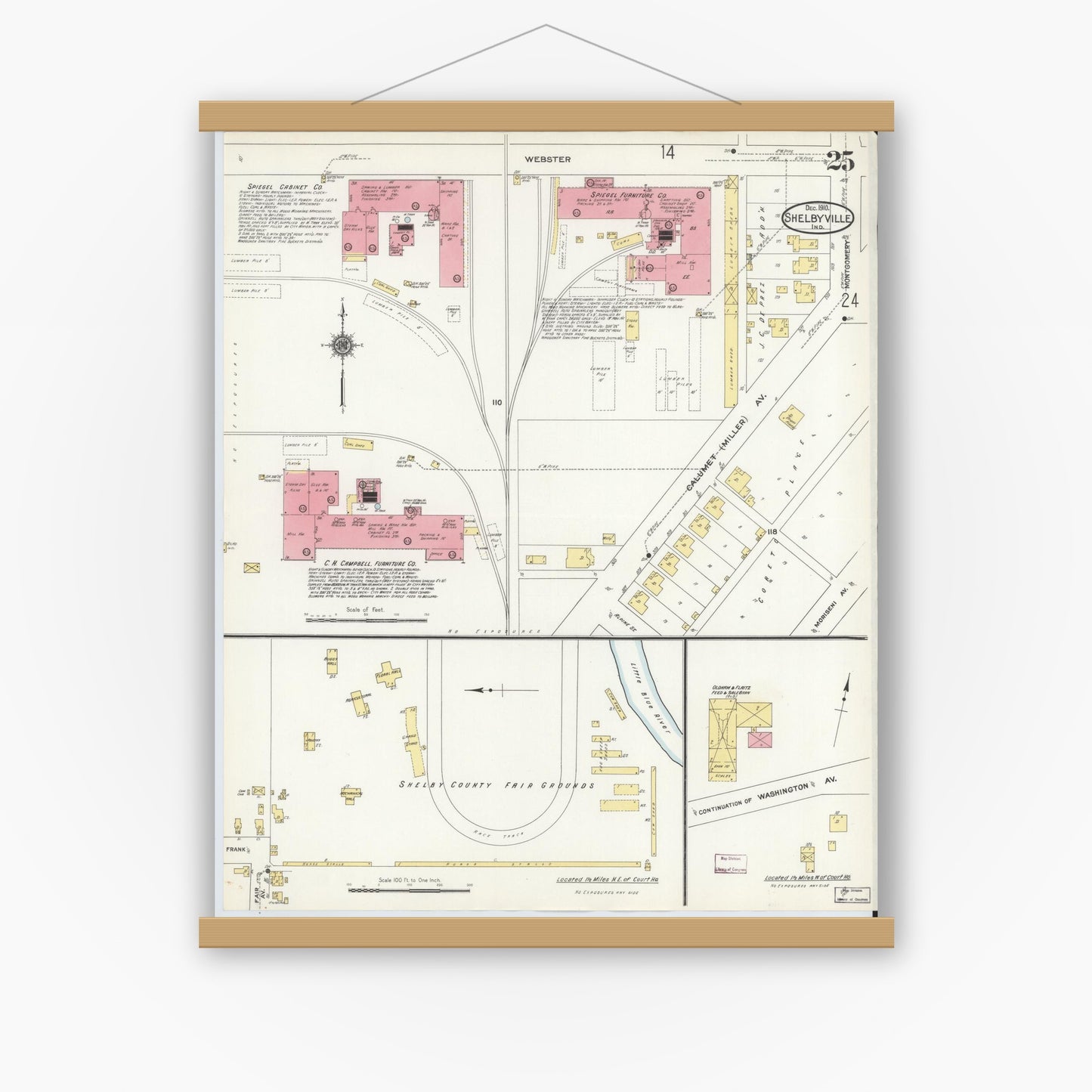 Old map wall art mockup — magnetic wood frame on white wall — Sanborn Fire Insurance Map from Shelbyville, Shelby County, Indiana (1910), Sheet #0025
