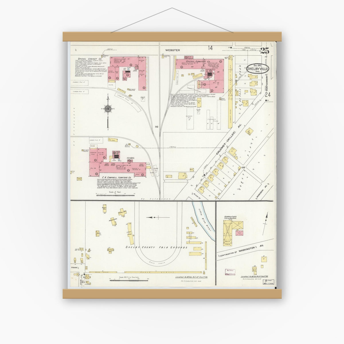 Old map wall art mockup — magnetic wood frame on white wall — Sanborn Fire Insurance Map from Shelbyville, Shelby County, Indiana (1910), Sheet #0025