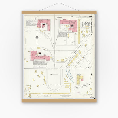 Old map wall art mockup — magnetic wood frame on white wall — Sanborn Fire Insurance Map from Shelbyville, Shelby County, Indiana (1910), Sheet #0025