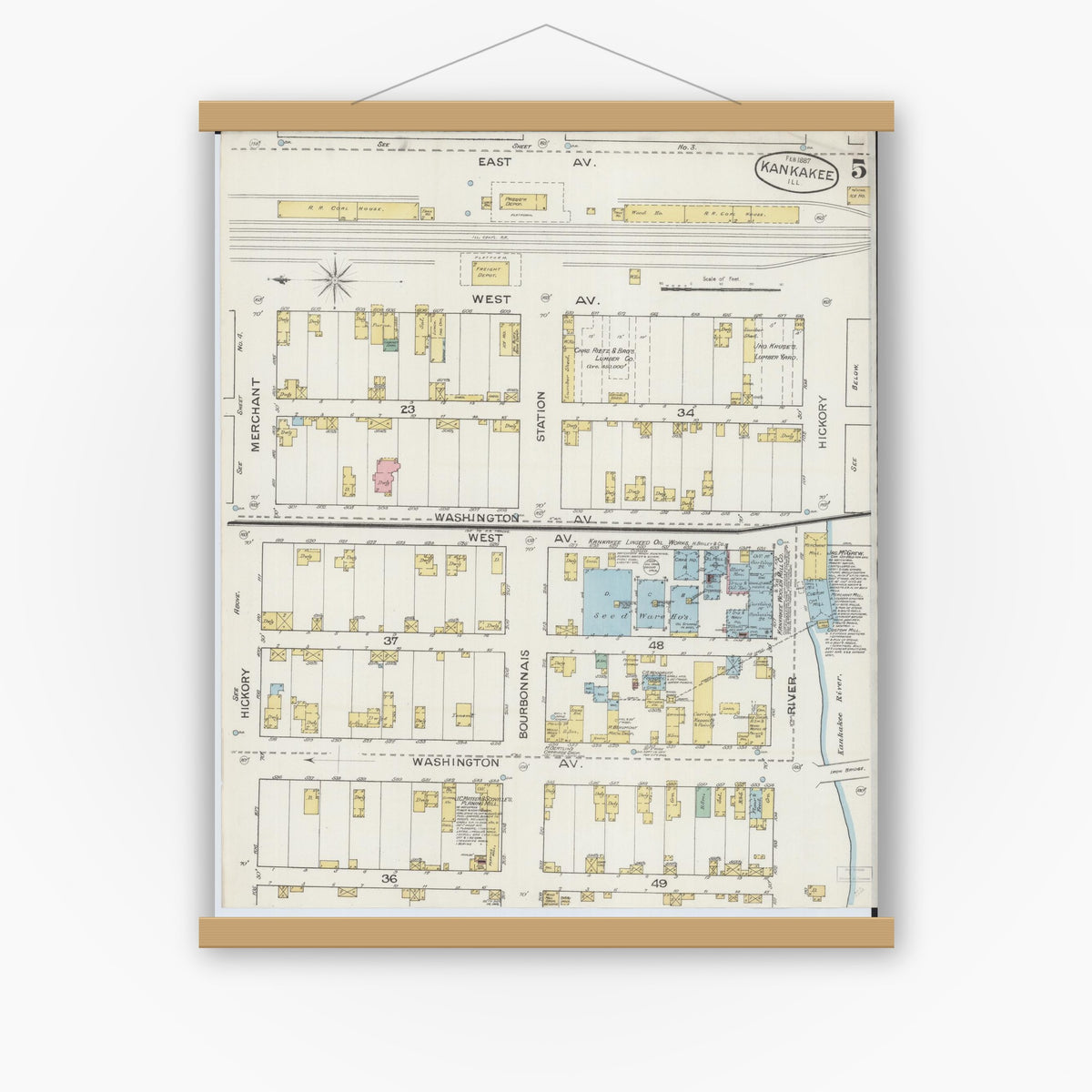Old map wall art mockup — magnetic wood frame on white wall — Sanborn Fire Insurance Map from Kankakee, Kankakee County, Illinois (1887), Sheet #0005