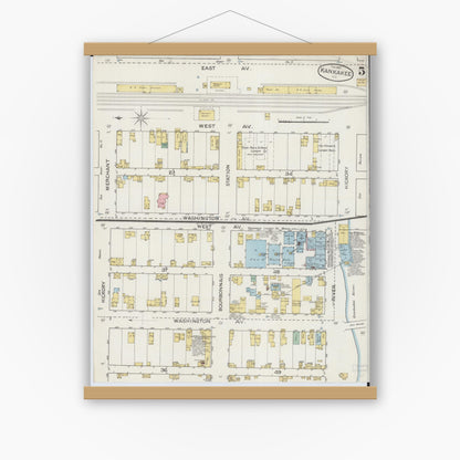 Old map wall art mockup — magnetic wood frame on white wall — Sanborn Fire Insurance Map from Kankakee, Kankakee County, Illinois (1887), Sheet #0005