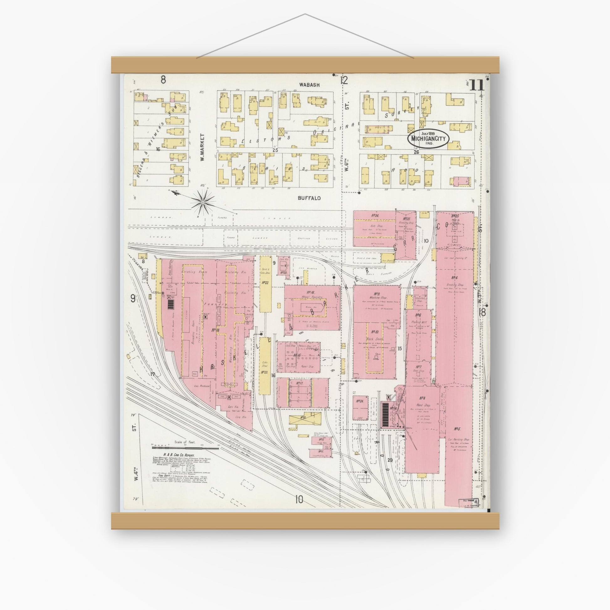 Old map wall art mockup — magnetic wood frame on white wall — Sanborn Fire Insurance Map from Michigan City, La Porte County, Indiana (1899), Sheet #0011