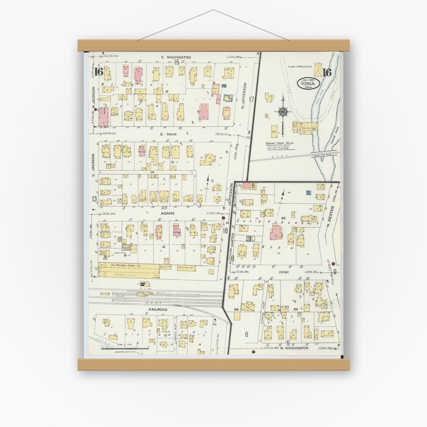 Old map wall art mockup — magnetic wood frame on white wall — Sanborn Fire Insurance Map from Ionia, Ionia County, Michigan (1924), Sheet #0016