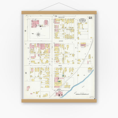 Old map wall art mockup — magnetic wood frame on white wall — Sanborn Fire Insurance Map from Columbus, Bartholomew County, Indiana (1906), Sheet #0023