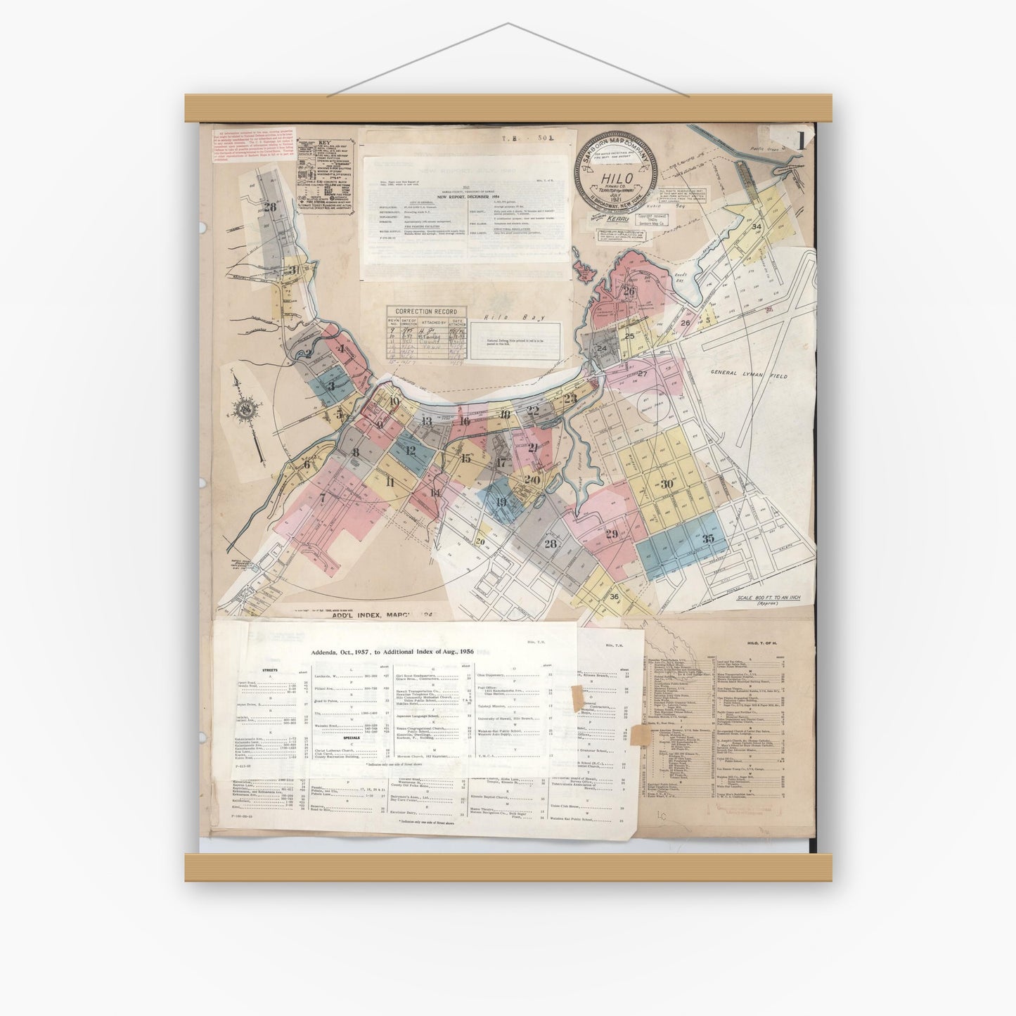 Old map wall art mockup — magnetic wood frame on white wall — Sanborn Fire Insurance Map from Hilo, Hawaii County, Hawaii (1957), Sheet #0001