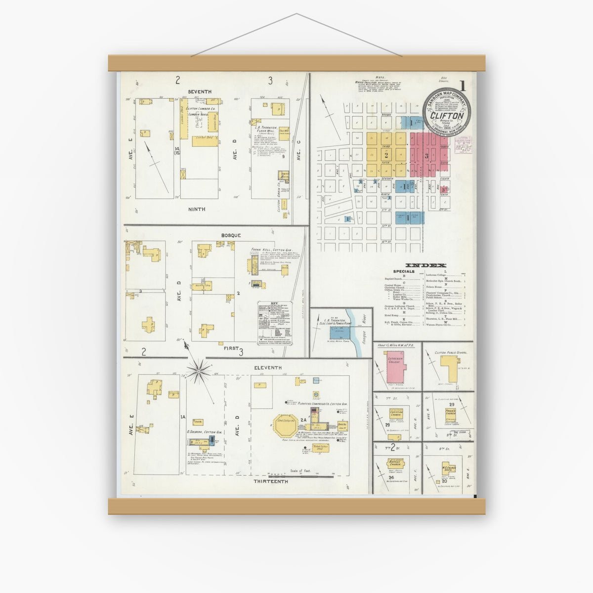 Old map wall art mockup — magnetic wood frame on white wall — Sanborn Fire Insurance Map from Clifton, Bosque County, Texas (1905) - Complete Map Set