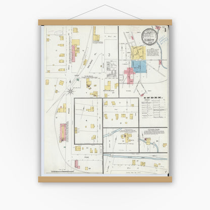 Old map wall art mockup — magnetic wood frame on white wall — Sanborn Fire Insurance Map from Plymouth, Huron And Richland Counties, Ohio (1899), Sheet #0001