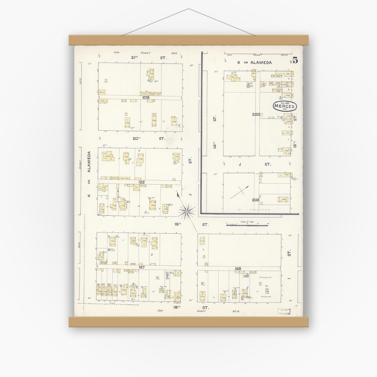 Old map wall art mockup — magnetic wood frame on white wall — Sanborn Fire Insurance Map from Merced, Merced County, California (1888), Sheet #0005