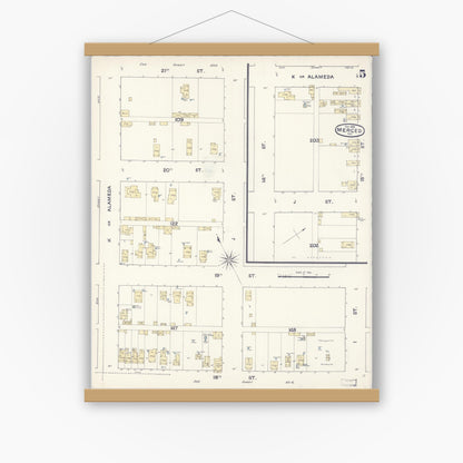 Old map wall art mockup — magnetic wood frame on white wall — Sanborn Fire Insurance Map from Merced, Merced County, California (1888), Sheet #0005
