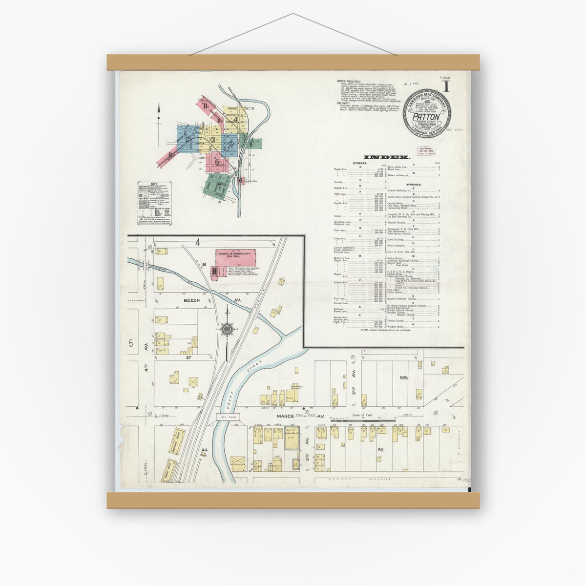 Old map wall art mockup — magnetic wood frame on white wall — Sanborn Fire Insurance Map from Patton, Cambria County, Pennsylvania (1910) - Complete Map Set