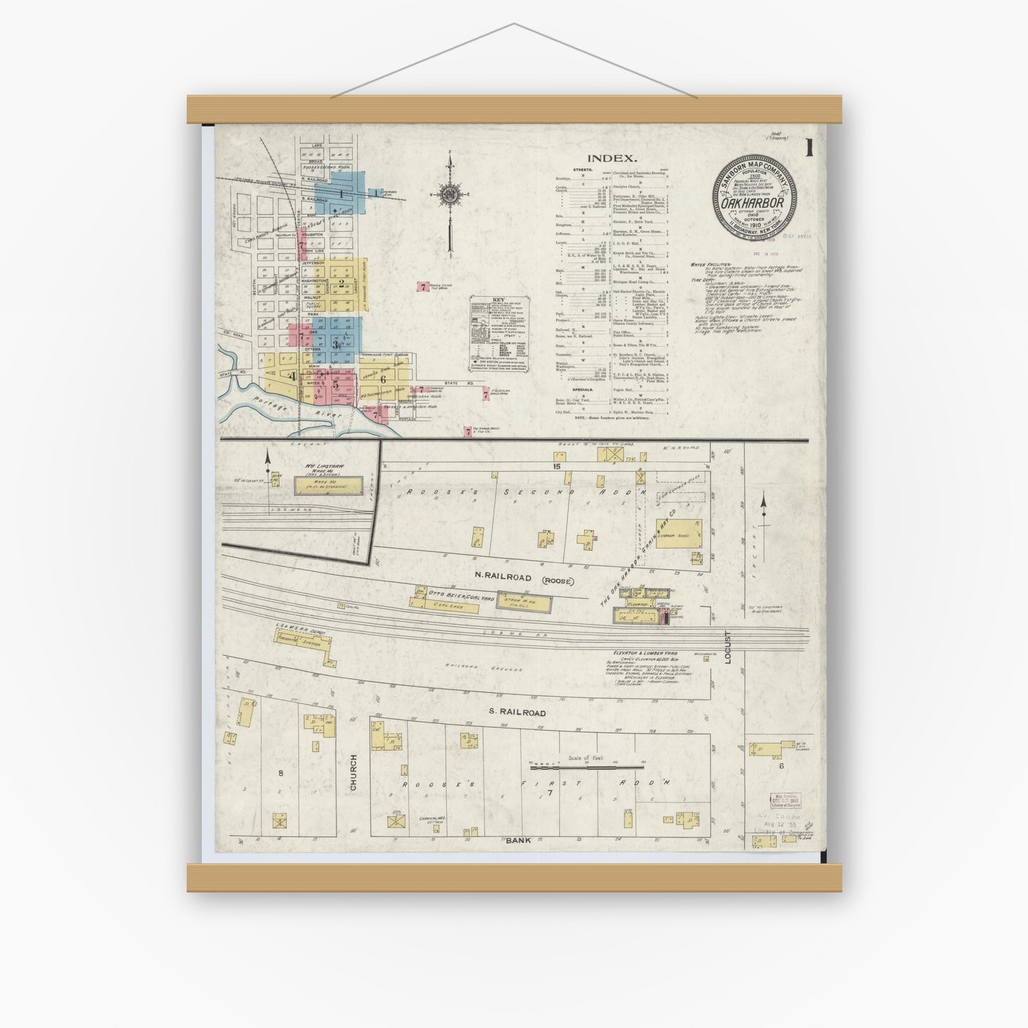Old map wall art mockup — magnetic wood frame on white wall — Sanborn Fire Insurance Map from Oak Harbor, Ottawa County, Ohio (1910), Sheet #0001