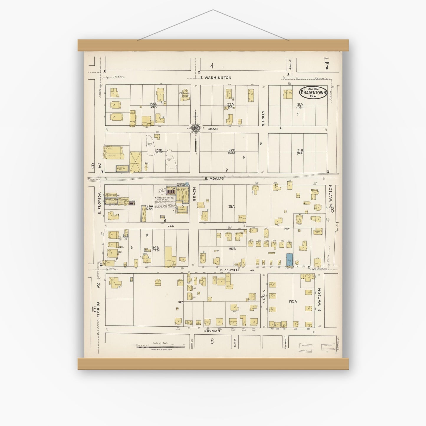 Old map wall art mockup — magnetic wood frame on white wall — Sanborn Fire Insurance Map from Bradentown, Manatee County, Florida (1922), Sheet #0007